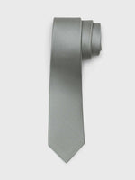 A folded grey tie with a textured pattern.