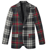 Plaid blazer with black, white, red, and blue patterns.