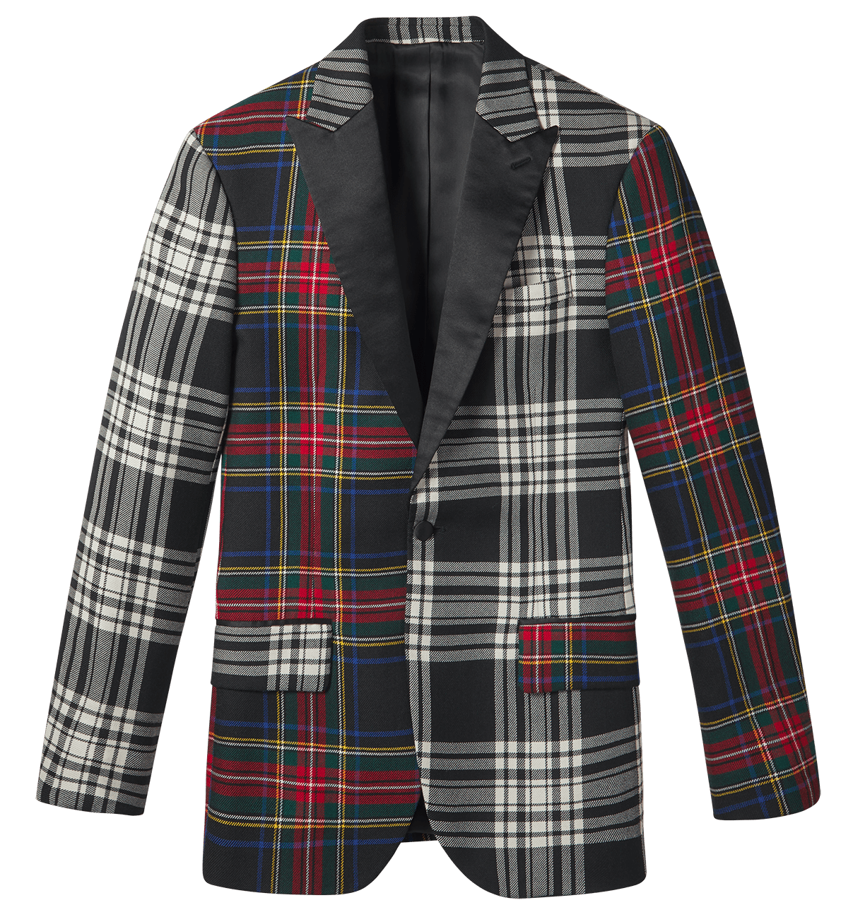 Plaid blazer with black, white, red, and blue patterns.