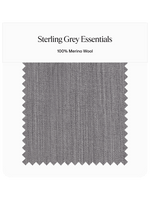 Fabric swatch labeled Sterling Grey Essentials, 100% Merino Wool.