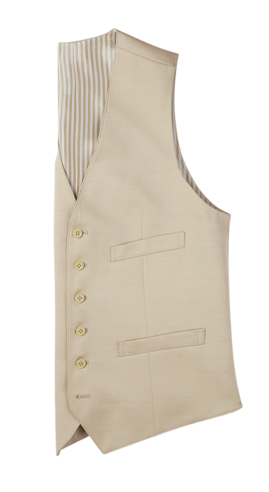 Tan suit vest, flat lay, side view showing striped lining