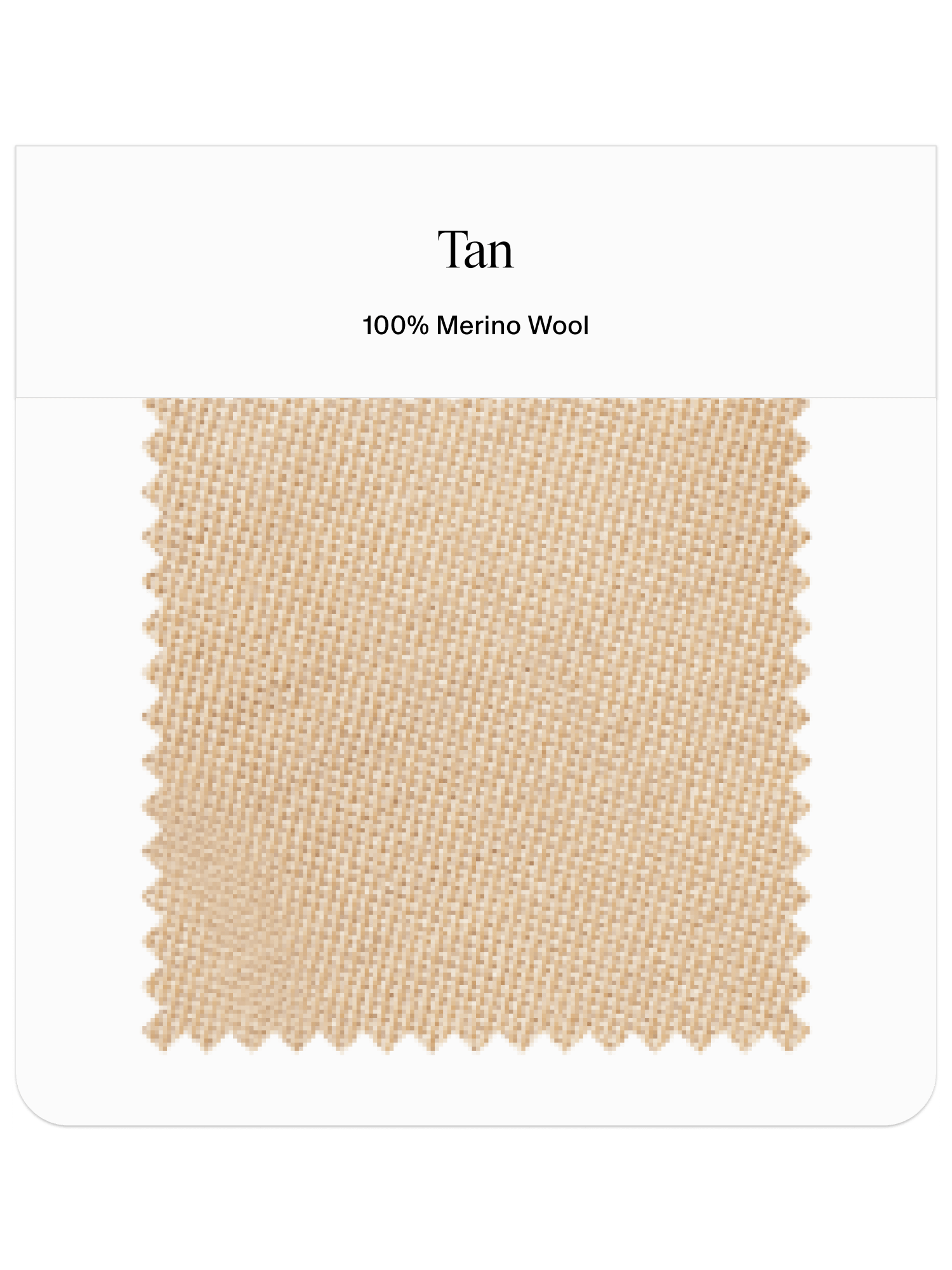 Tan fabric swatch labeled '100% Merino Wool'.
