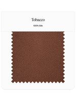 Fabric swatch labeled Tobacco, 100% Silk, with a textured brown pattern.