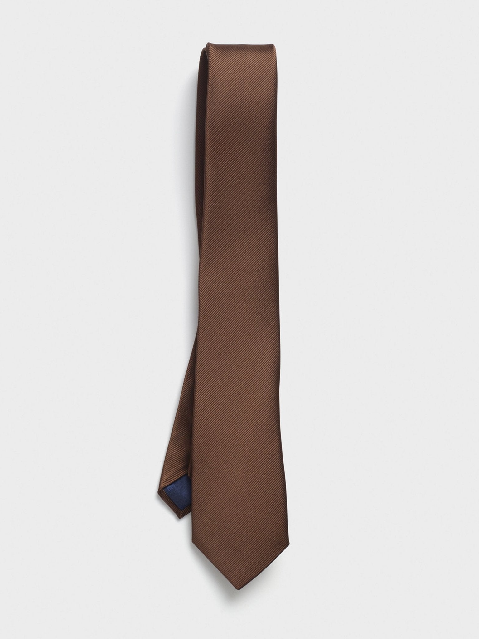 Brown tie with a textured pattern, displayed against a white background.