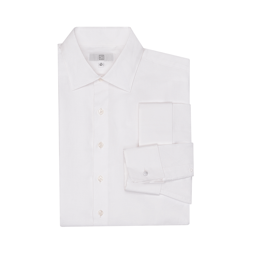 White dress shirt with a folded collar and cuffs.