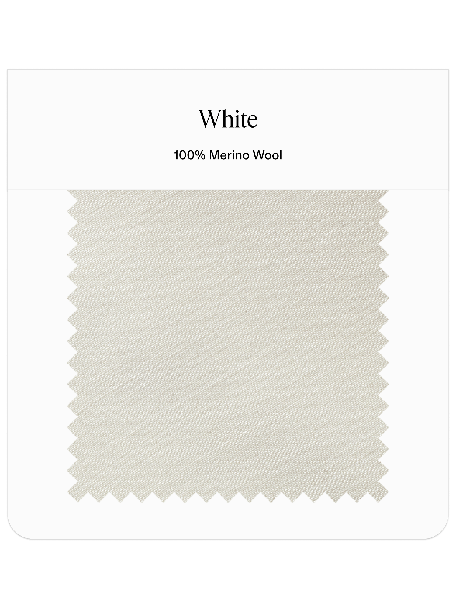 Swatch of white fabric labeled 100% Merino Wool.