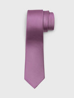 Solid purple tie with a diagonal ribbed texture, rolled at the top.