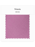 Fabric swatch labeled Wisteria, 100% silk, in a light purple color with diagonal stripes.