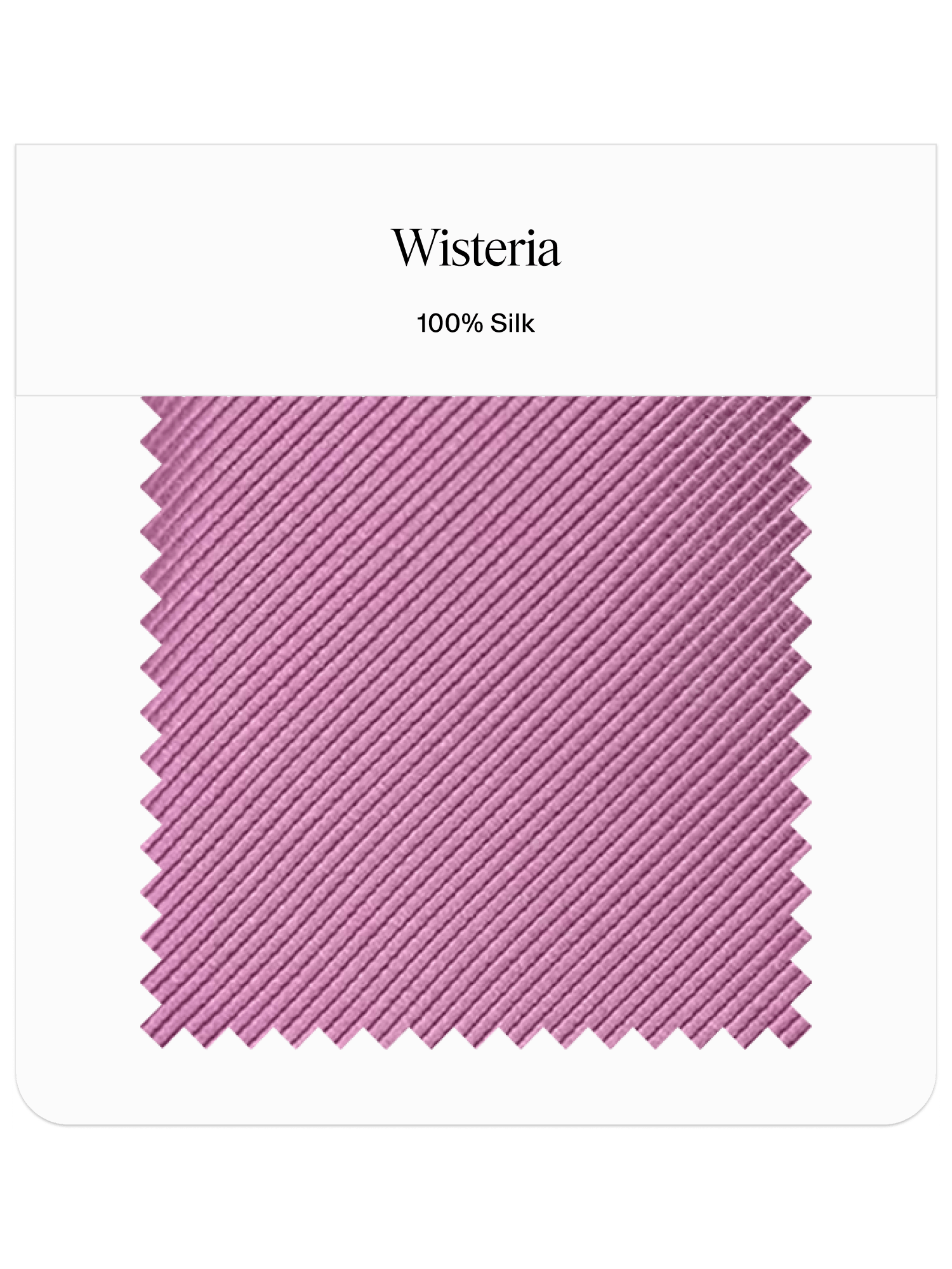 Fabric swatch labeled Wisteria, 100% silk, in a light purple color with diagonal stripes.